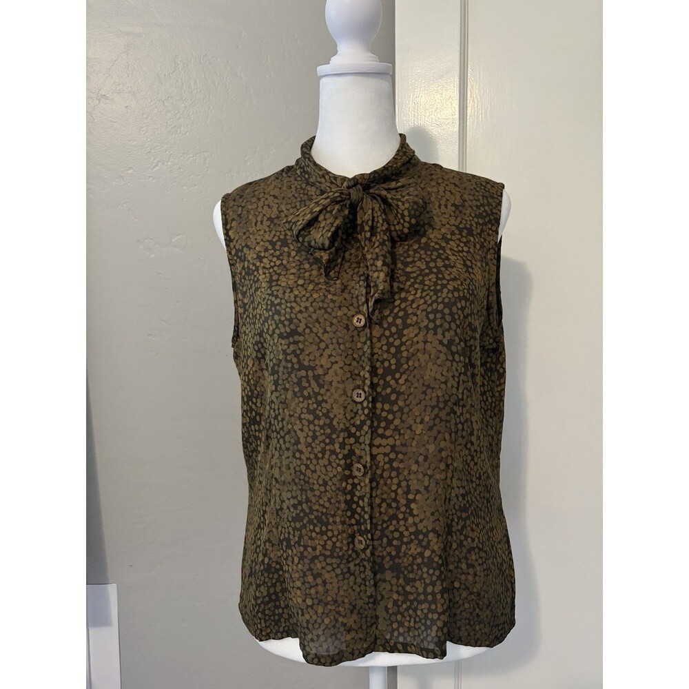 VTG 90s 100% Silk Tie Neck Sleeveless Top Petite S/M SP MP Sheer Abstract Art